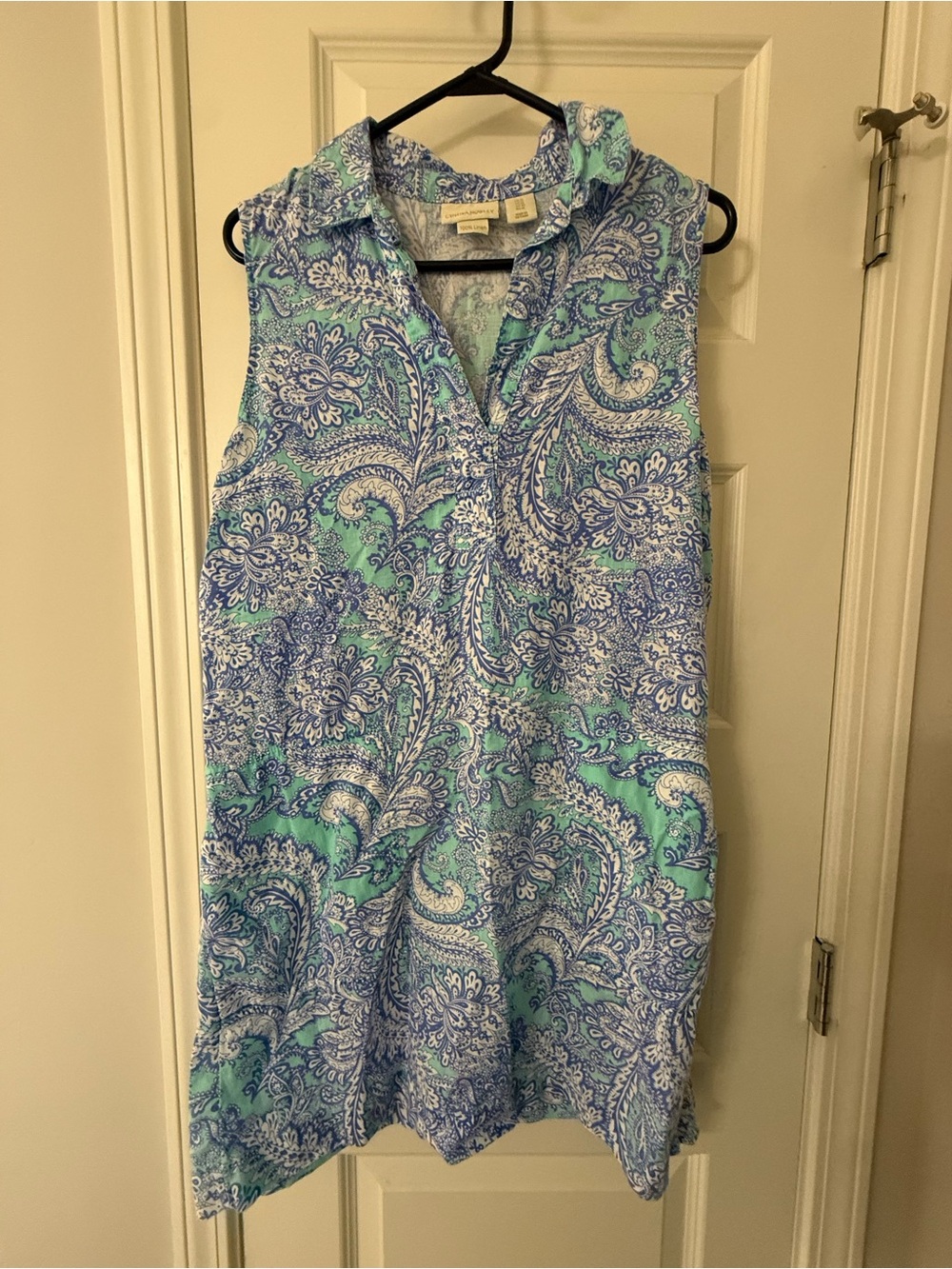 Cynthia Rowley Blue & Aqua Paisley Sleeveless Midi Dress 100% Linen Size 12
